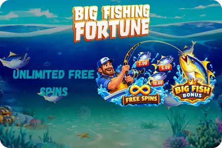 Unlimited free spins with Fisherman and fish symbols.